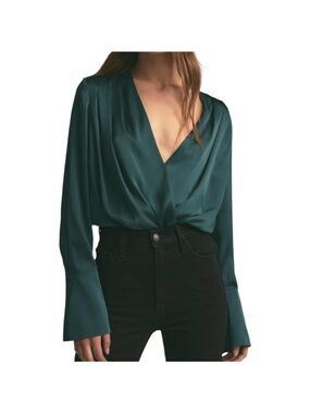 Favorite Daughter The Date Blouse Emerald Satin Bodysuit XS